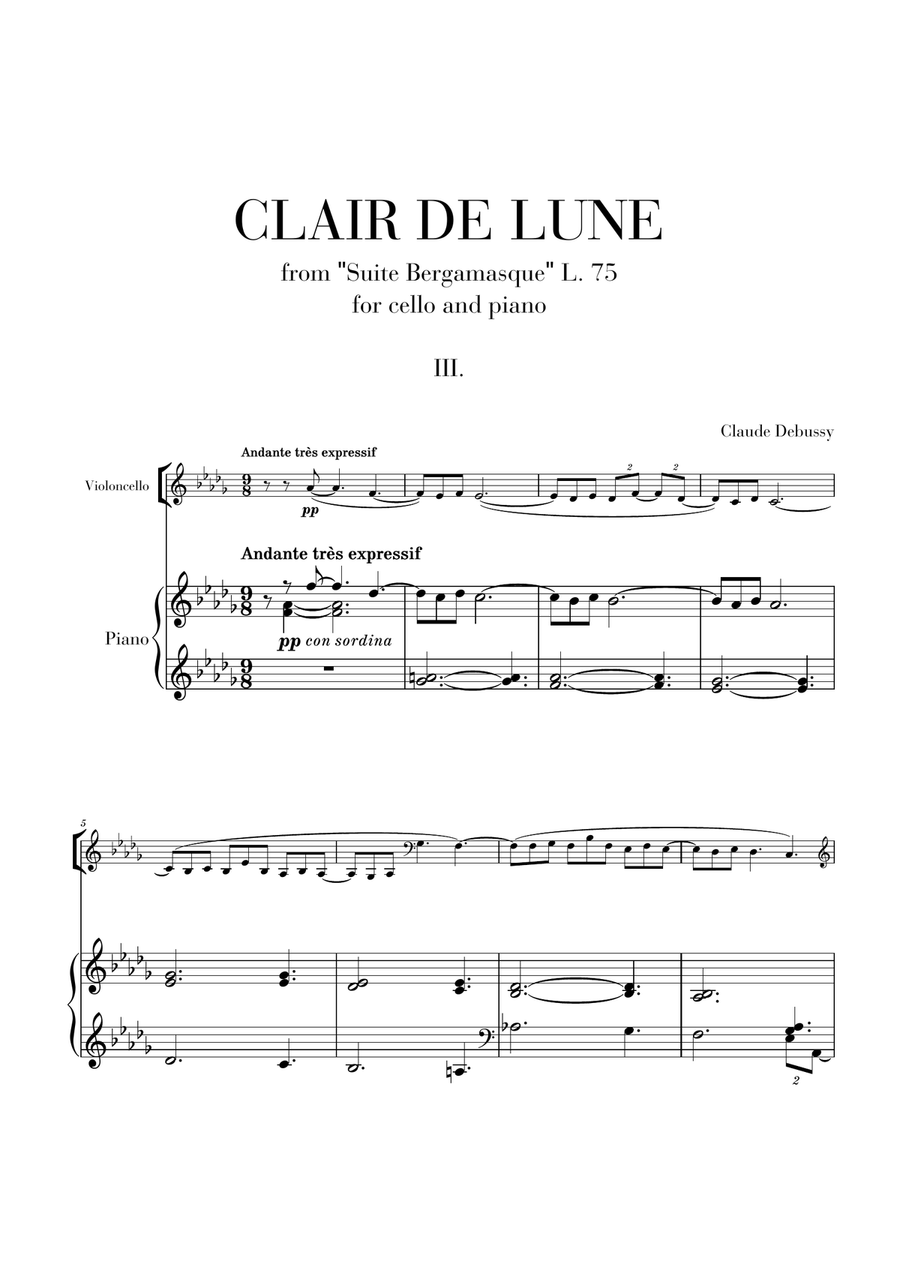 Clair de Lune for Cello and Piano (from Suite Bergamasque) Piano scores gallery preview page 1