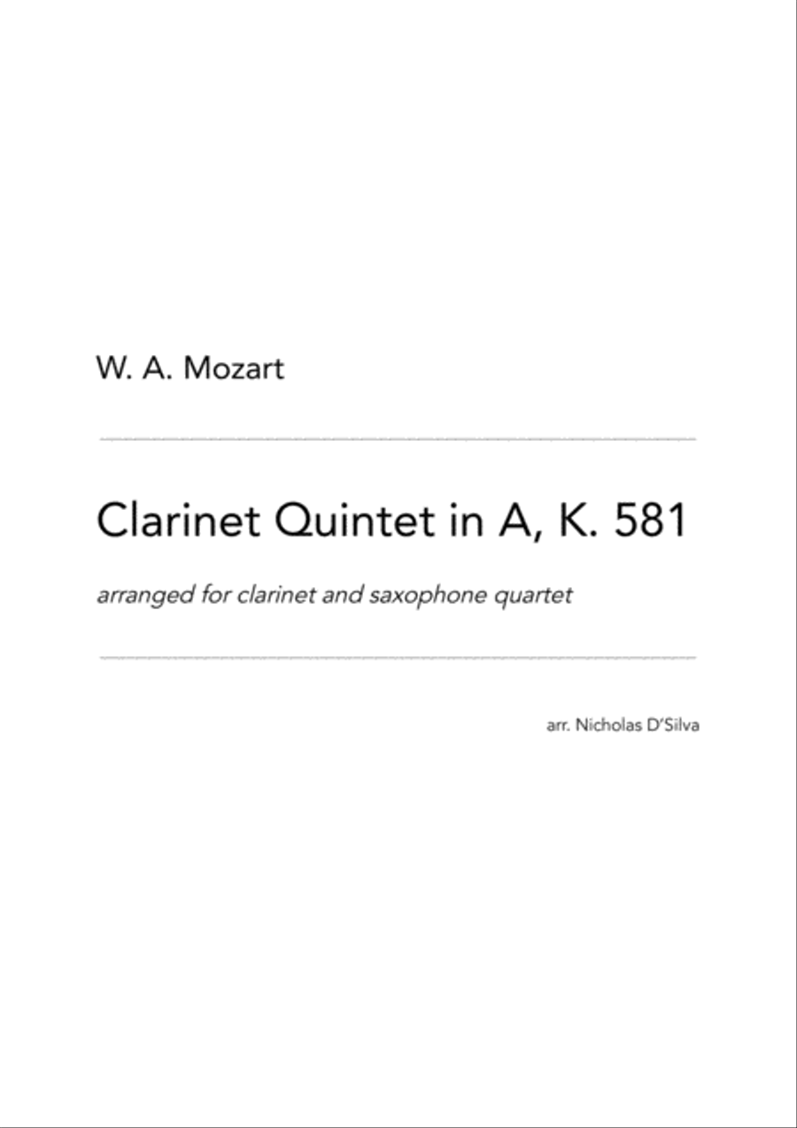 W. A. Mozart - Clarinet Quintet in A arranged for clarinet and saxophone quartet Clarinet Quintet scores gallery preview page 1