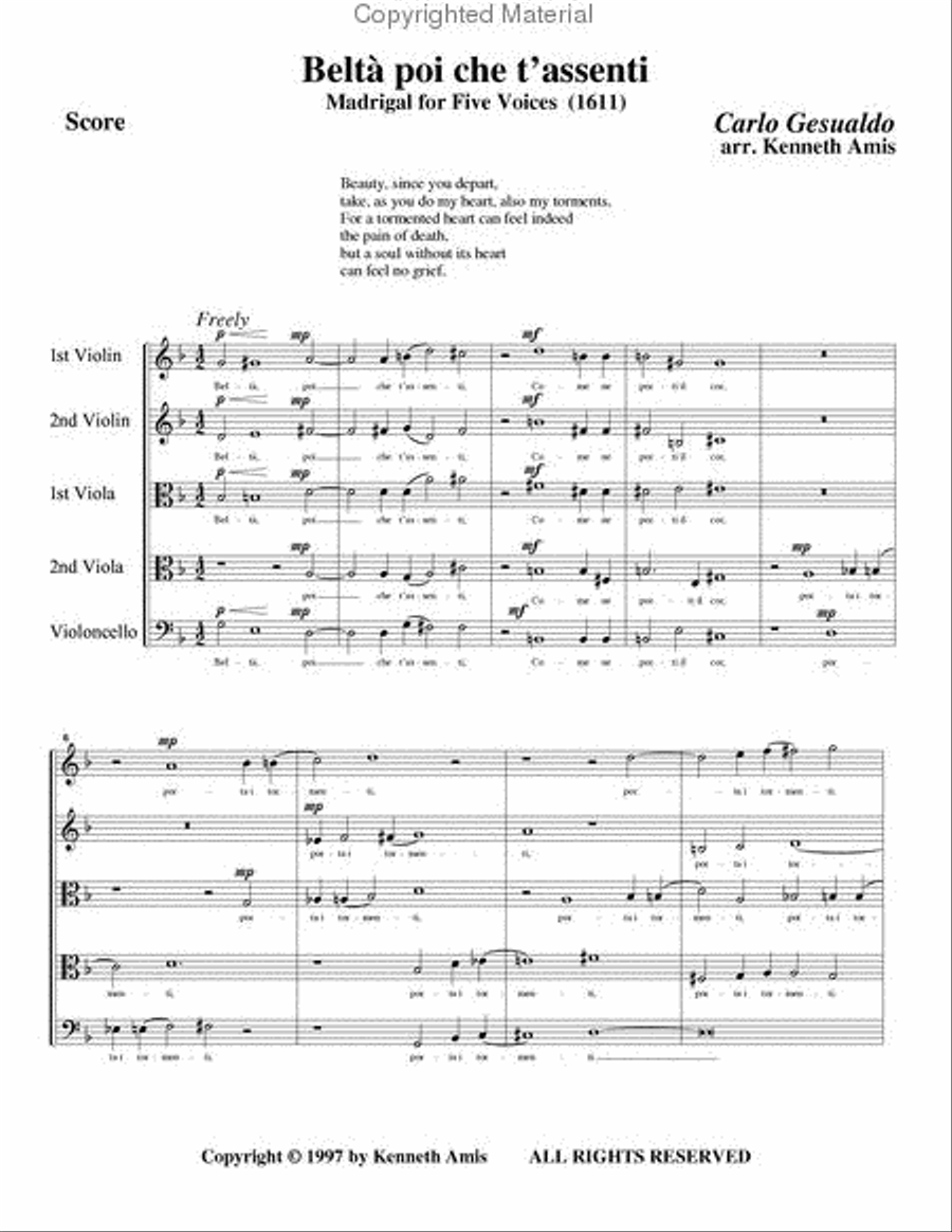 Beltà poi che t’assenti (for string quintet) String Quintet scores gallery preview page 2