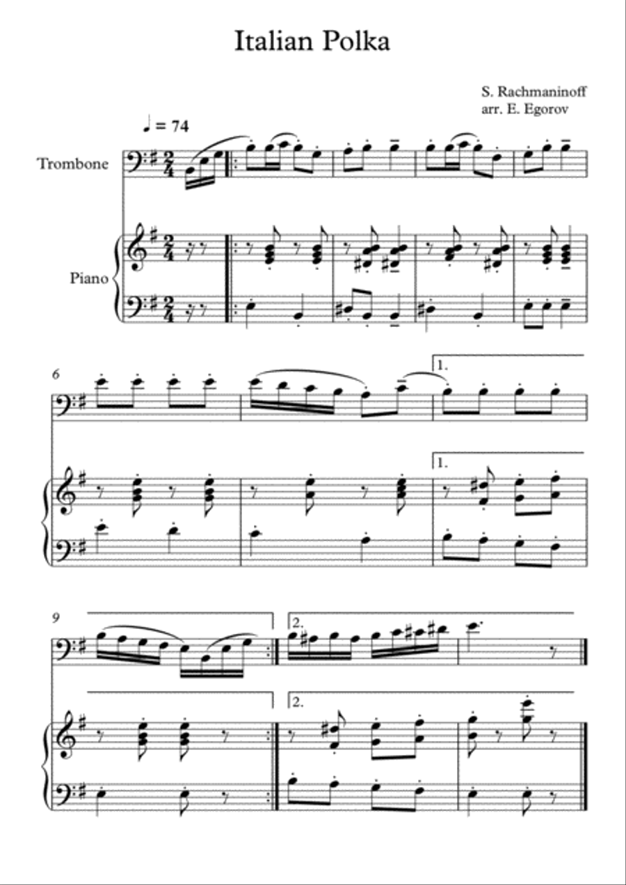 Italian Polka, Sergei Rachmaninoff, For Trombone & Piano Piano Accompaniment scores gallery preview page 1