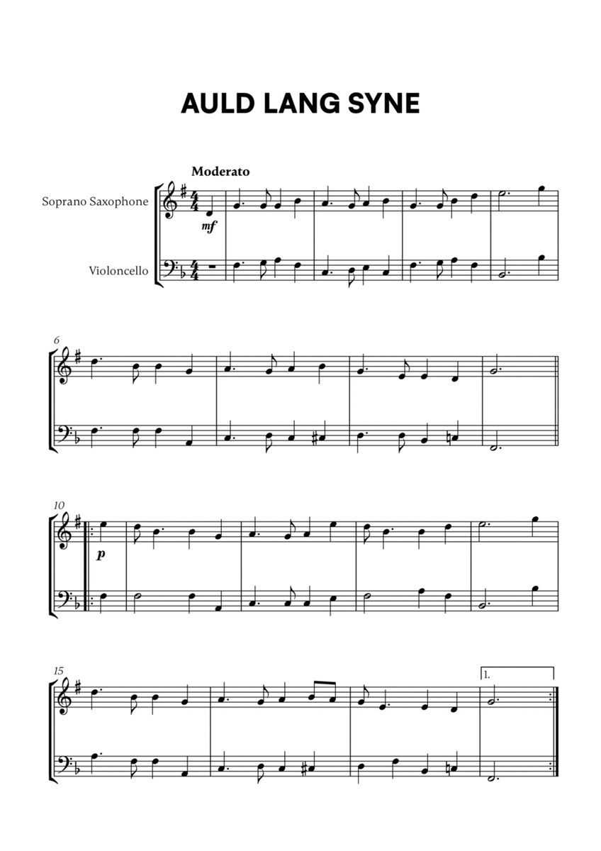 Traditional - Auld Lang Syne for Soprano Saxophone and Cello image number null