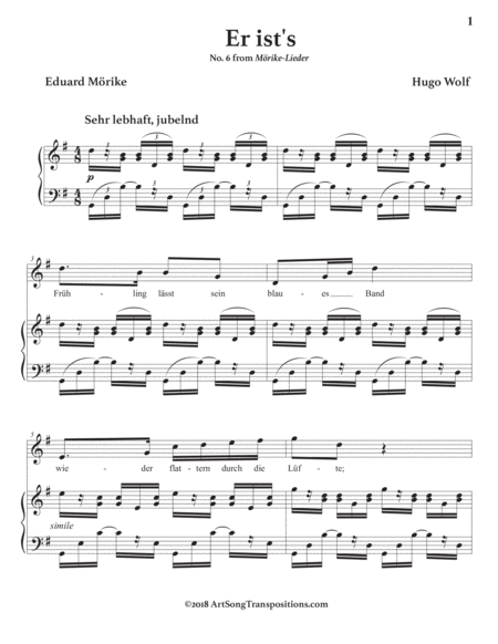 WOLF: Er ist's (transposed to G major)