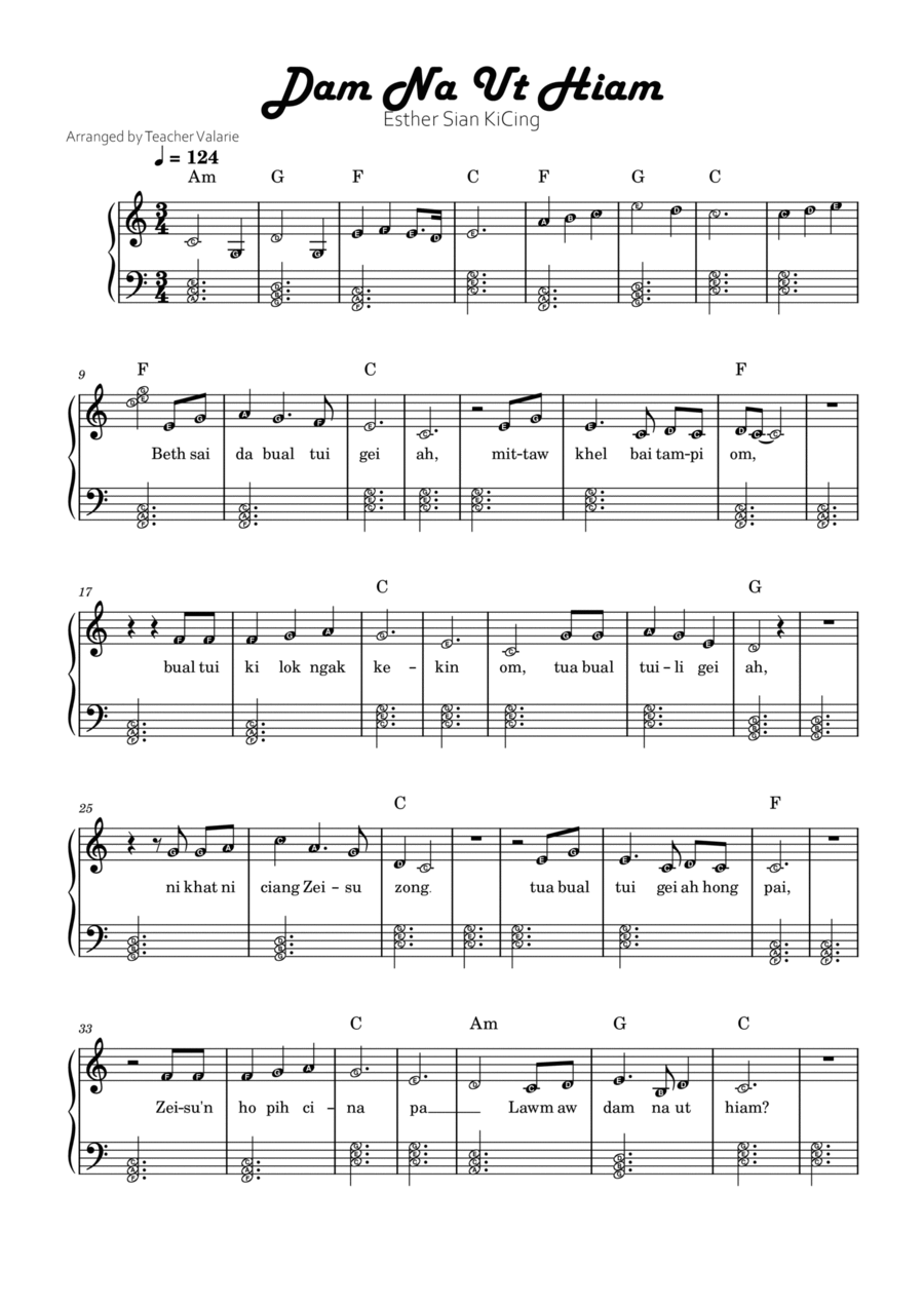 Dam Na Ut Hiam | Piano & Lyrics Sheet Music with note names Voice scores gallery preview page 1