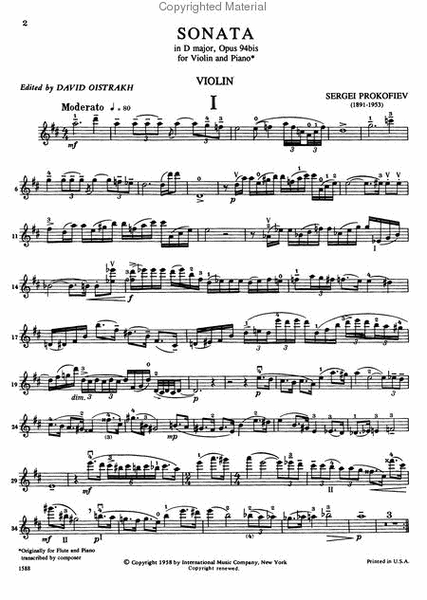 Sonata in D Major, Opus 94bis (for Violin and Piano)