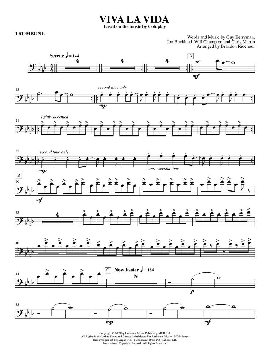 Viva La Vida - Trombone Brass Quintet scores gallery preview page 1