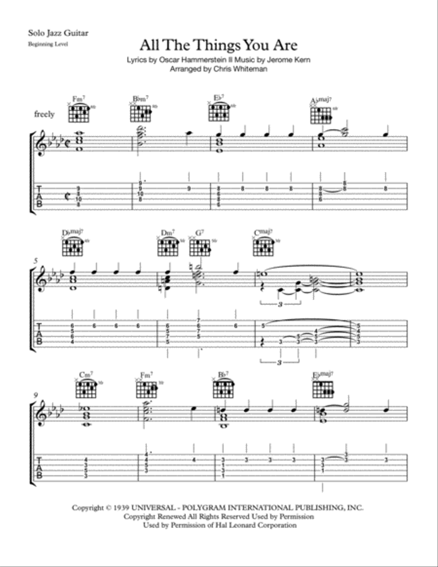 All The Things You Are Jazz Guitar Chord Melody Easy Sheet