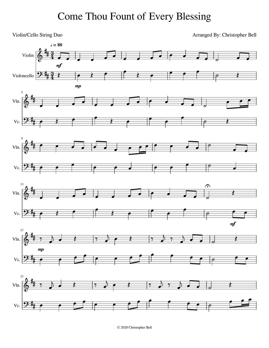 Come Thou Fount of Every Blessing - Violin/Cello Duet String Duet scores gallery preview page 1