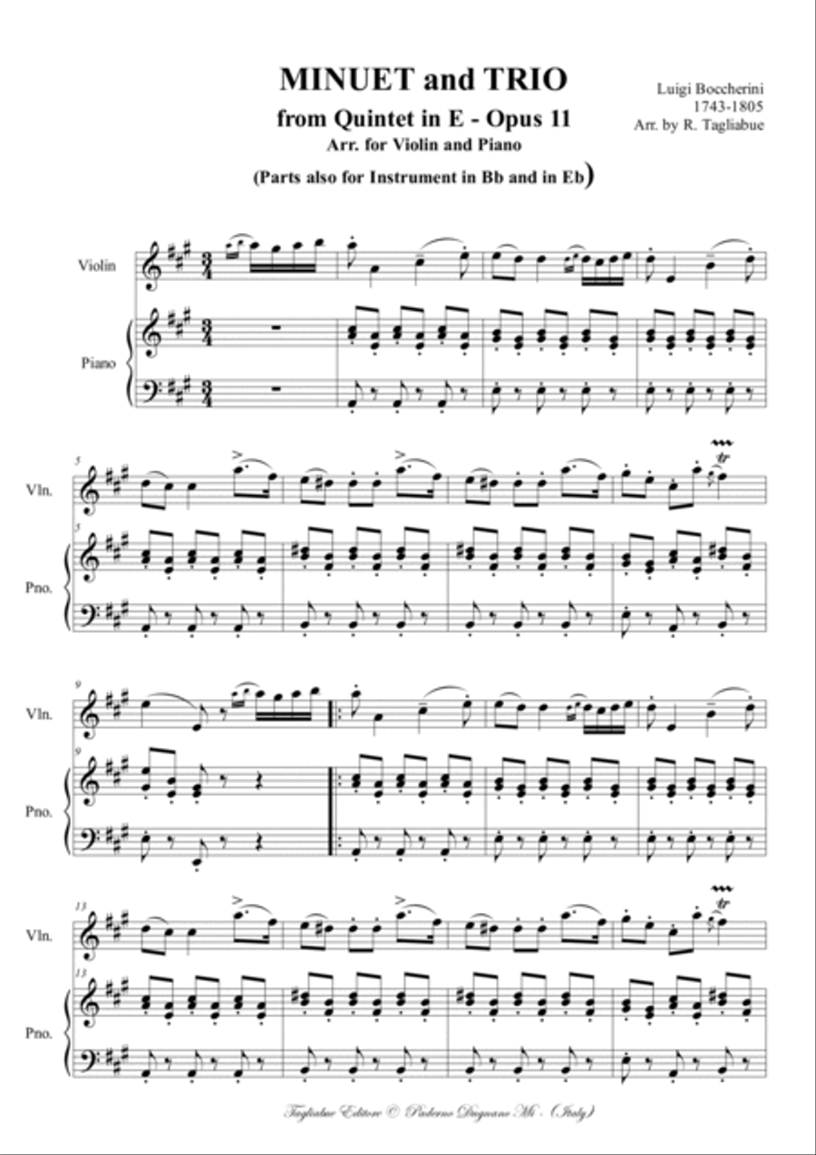 Boccherini - MINUETTO e TRIO dal Quintetto in Mi - Opus 11 - Arr. per violino e pianoforte - Parts a Small Ensemble scores gallery preview page 2