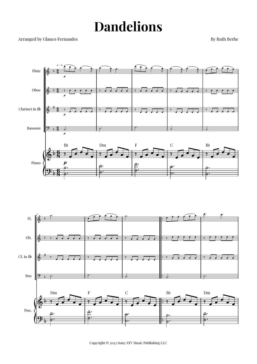 Dandelions Woodwind Quartet scores gallery preview page 1
