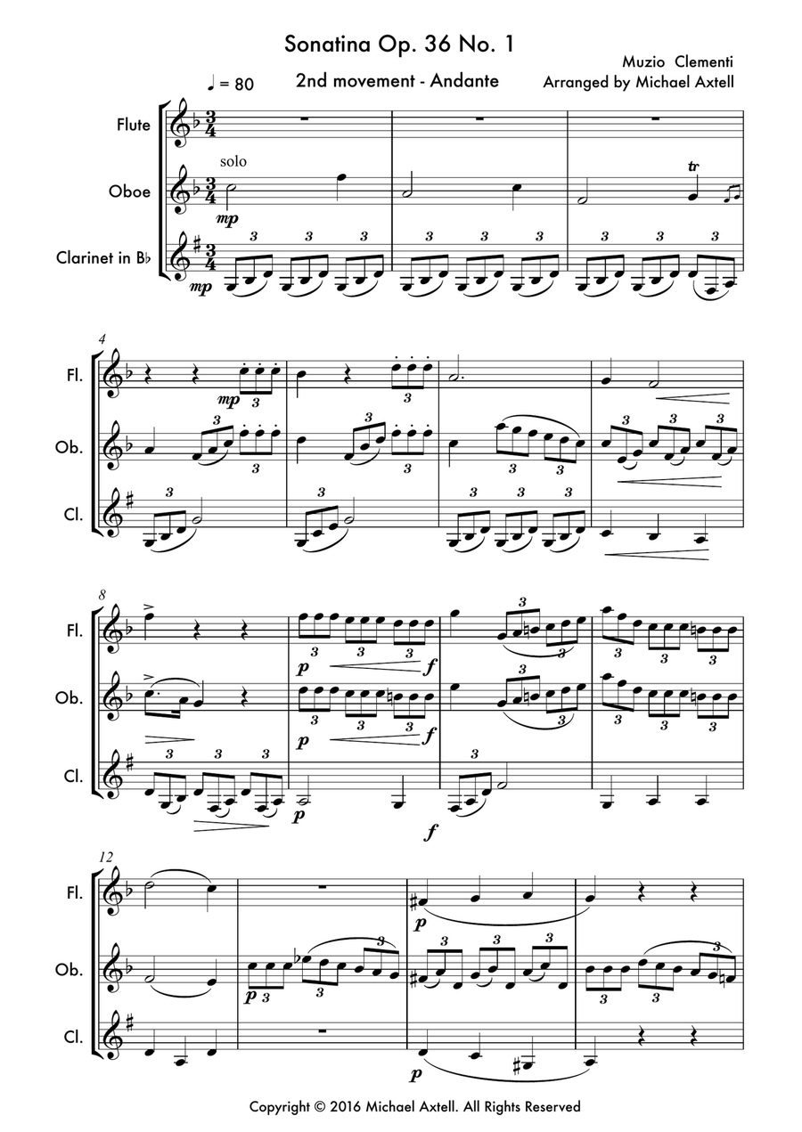 Sonatina Op. 36 No. 1 2nd movement: Andante by Muzio Clementi Woodwind Trio scores gallery preview page 2