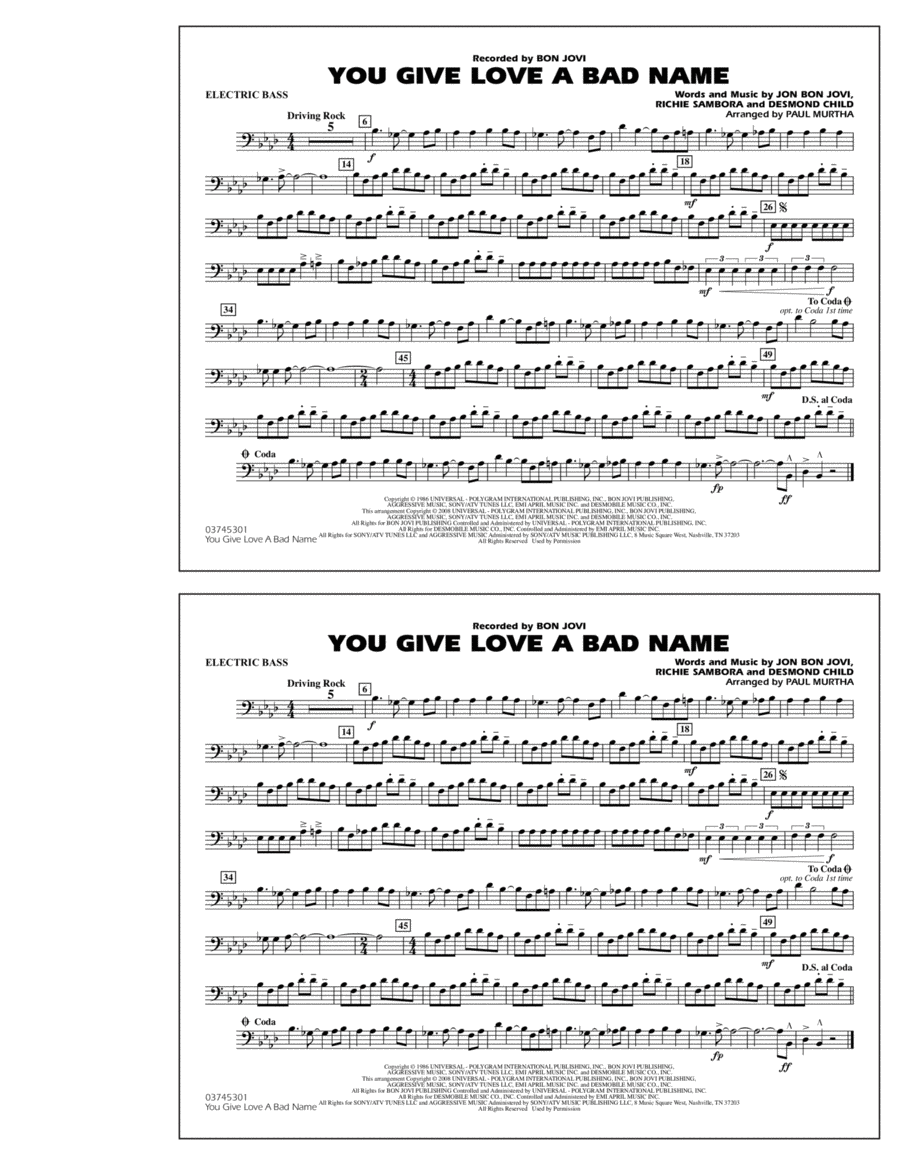 You Give Love a Bad Name - Electric Bass Marching Band scores gallery preview page 1