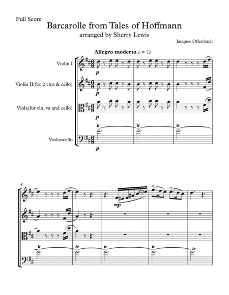 BARCAROLLE from Tales of Hoffmann String Trio, Intermediate Level for 2 violins and cello or violin, image number null