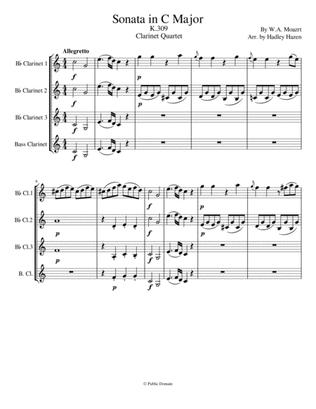 Mozart's Piano Sonata in C Major, K 309 for Clarinet Quartet