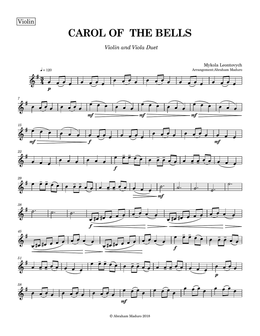 Carol of the Bells Violin and Viola Duet String Duet scores gallery preview page 5