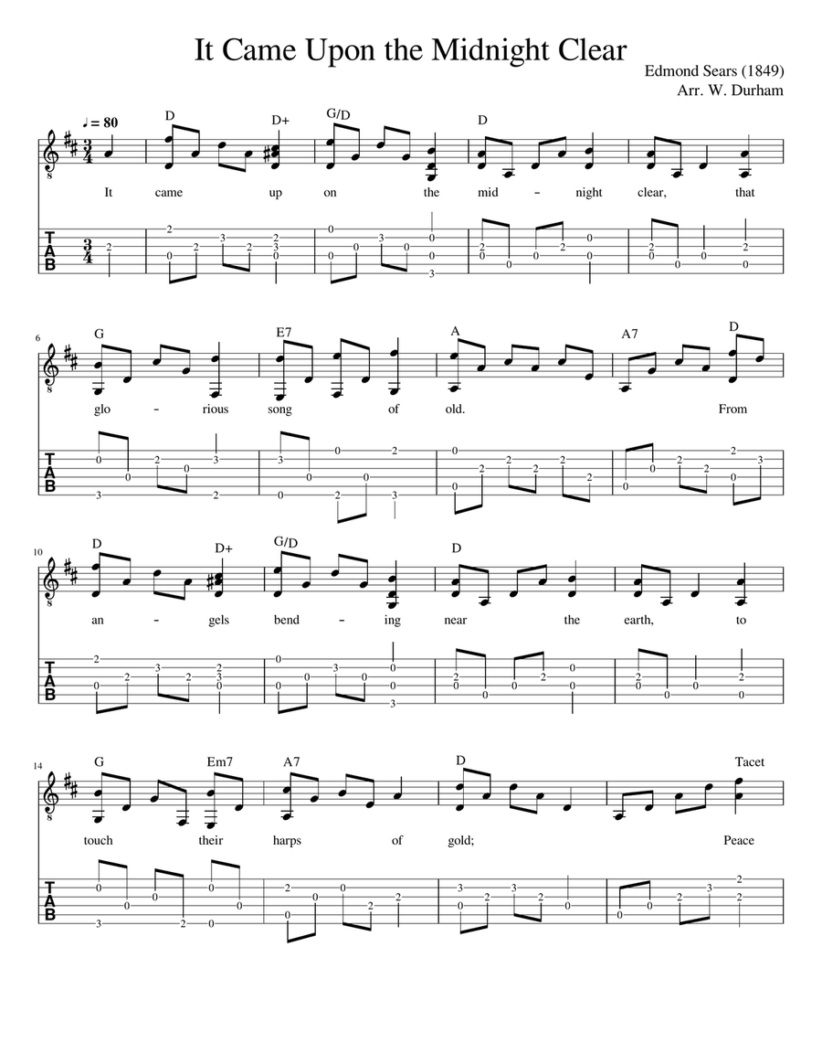 It Came Upon the Midnight Clear - Fingerstyle Guitar Tab / Notation / Lyrics Fingerpicking Guitar scores gallery preview page 1