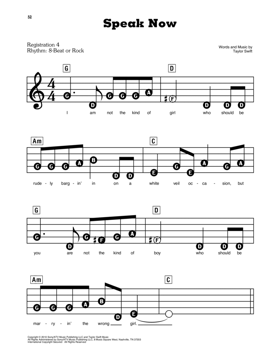 Speak Now by Taylor Swift Electronic Keyboard Digital Sheet