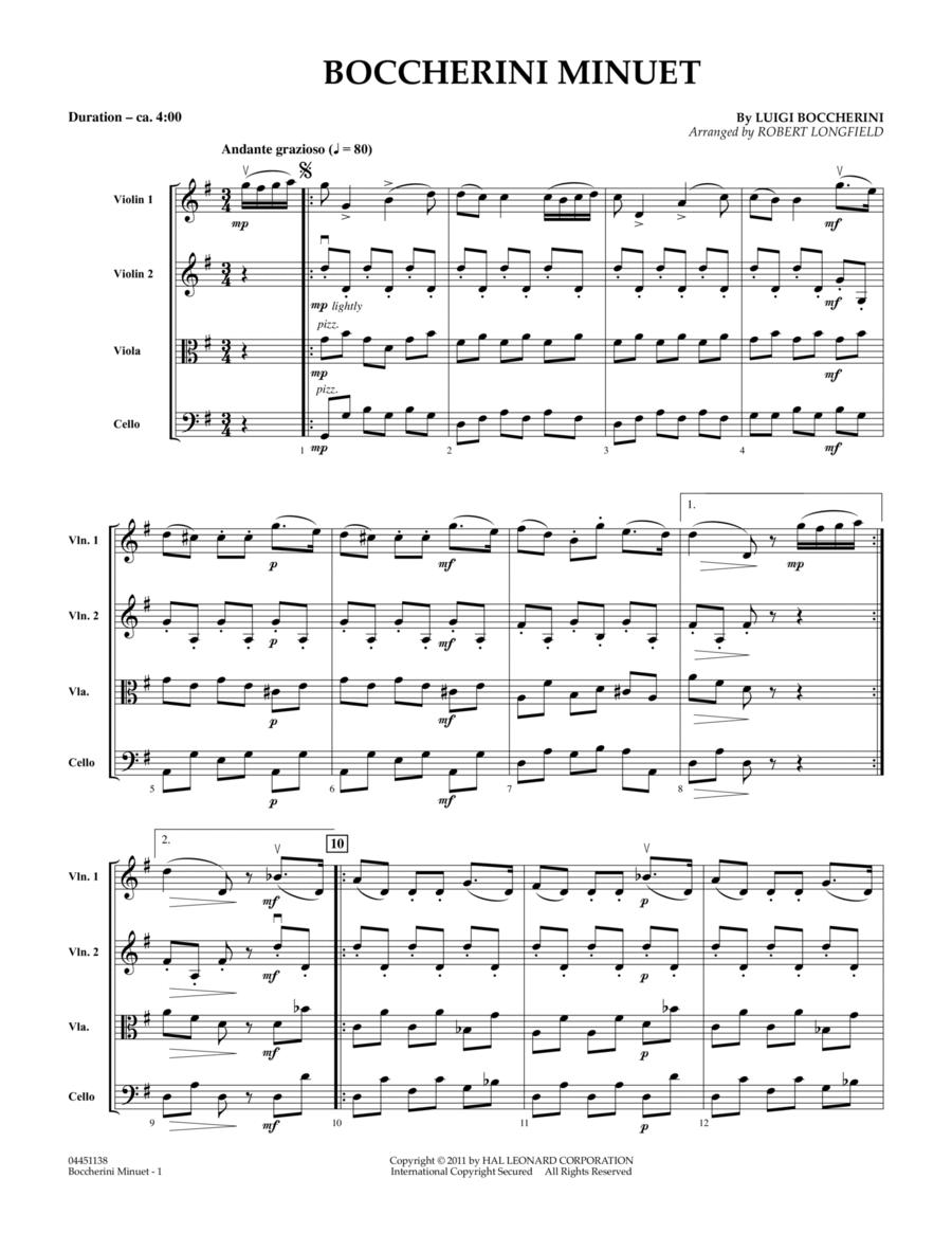 Boccherini Minuet - Full Score String Quartet scores gallery preview page 1