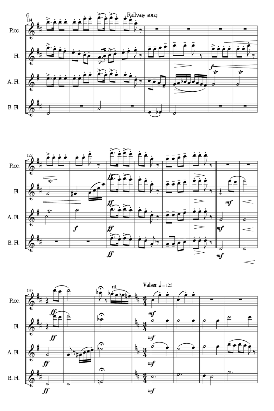 Railway Song (Auf de schwäb'sche Eisebahne) for piccolo, flute, alto flute and bass flute Piccolo scores gallery preview page 6