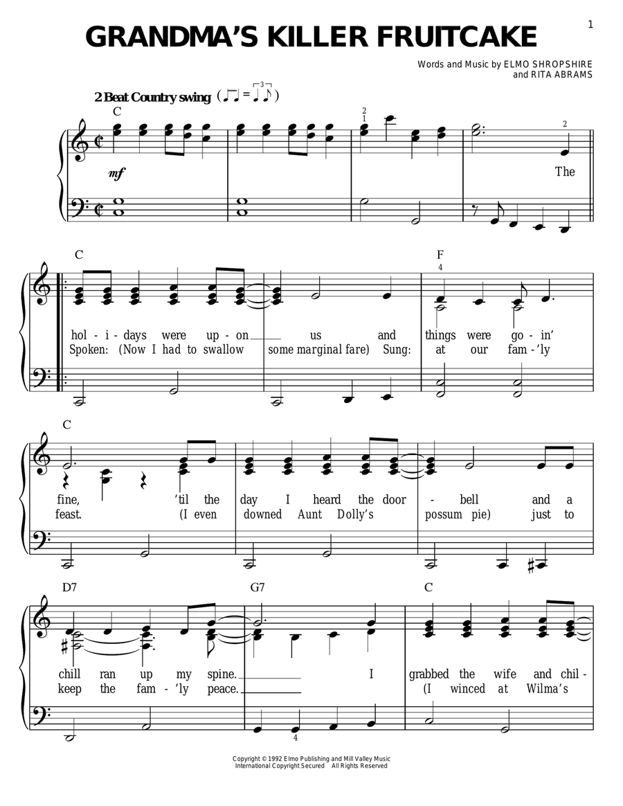 Grandma's Killer Fruitcake Easy Piano scores gallery preview page 1