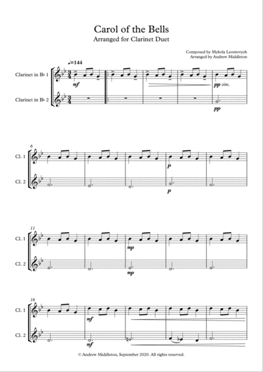 Carol of the Bells arranged for Clarinet Duet Clarinet Duet scores gallery preview page 3