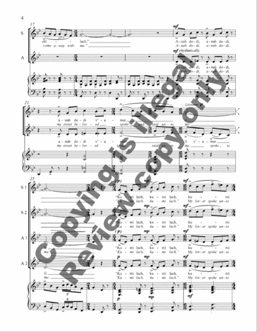 Songs of My Beloved: 3. Anah Dodi, V'amar Li (My Beloved Spoke to Me) SSAA scores gallery preview page 3