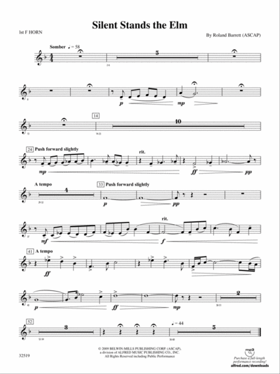 Silent Stands the Elm: 1st F Horn Concert Band scores gallery preview page 1