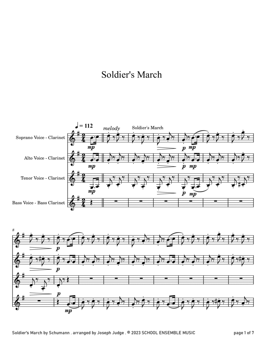 Soldiers March by Schumann for Clarinet Quartet in Schools Clarinet Quartet scores gallery preview page 1