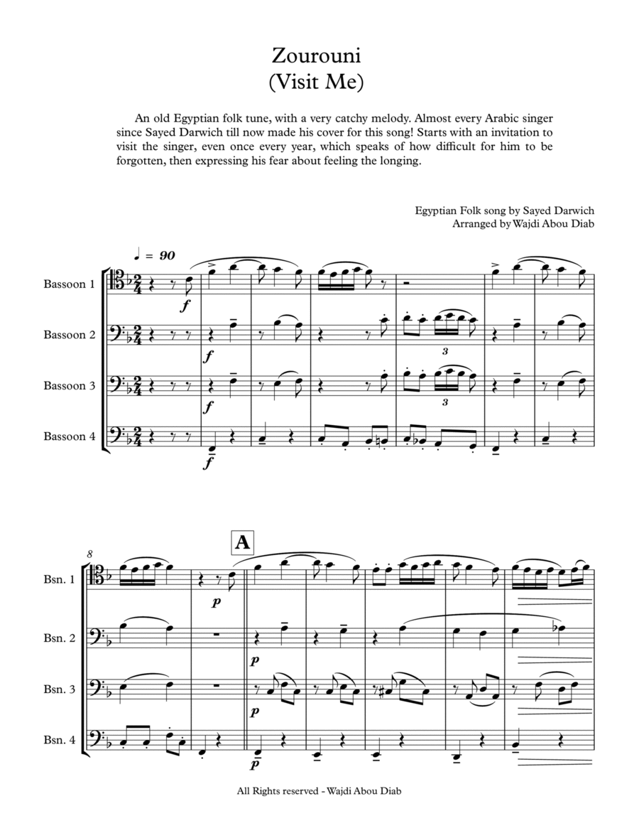 Zourouni (Arabic Song) - Bassoon Quartet Woodwind Quartet scores gallery preview page 1
