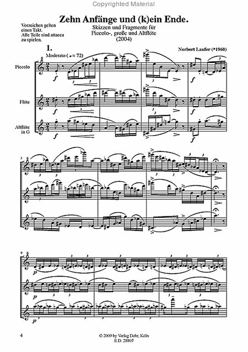 Zehn Anfänge und (k)ein Ende (2004) -Skizzen und Fragmente für Piccolo-, große und Altflöte-