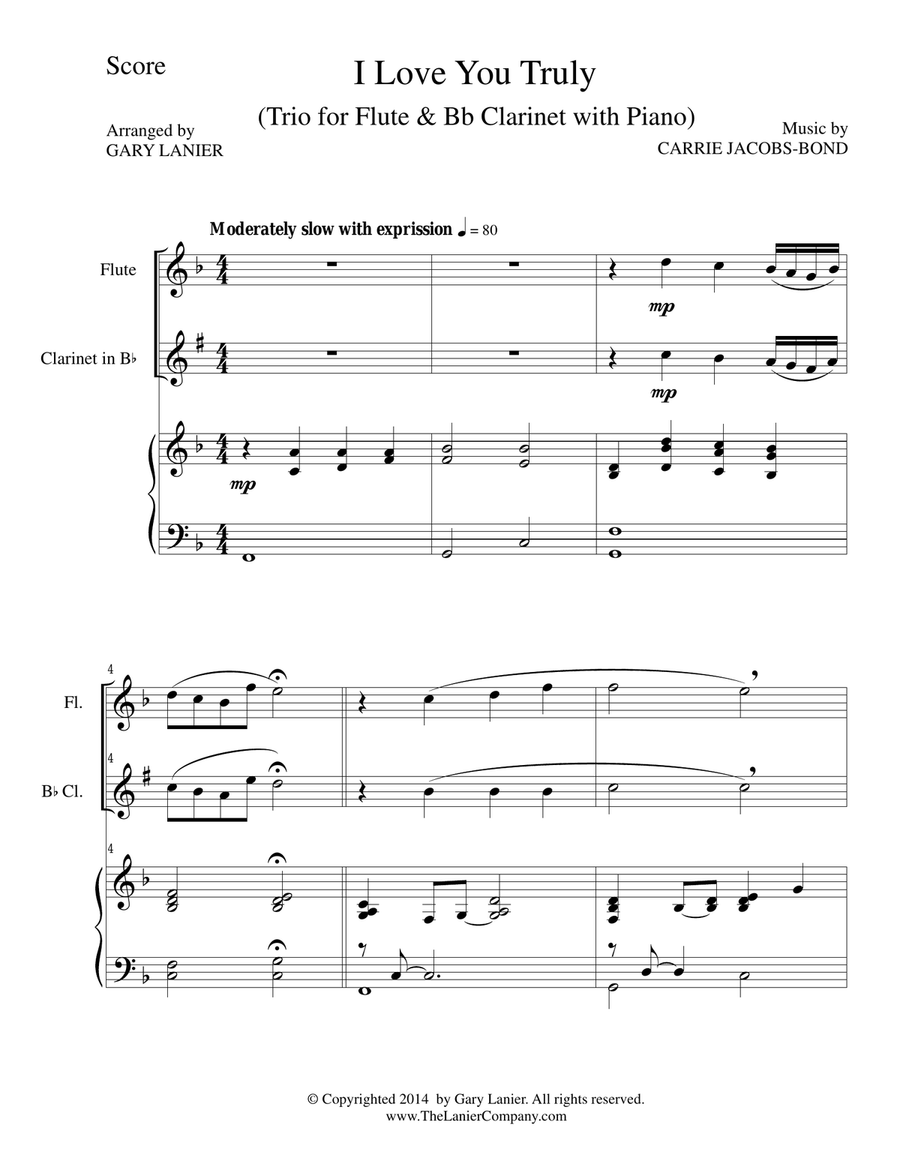 I LOVE YOU TRULY (Trio – Flute, Bb Clarinet, and Piano with Score and Parts) Small Ensemble scores gallery preview page 1