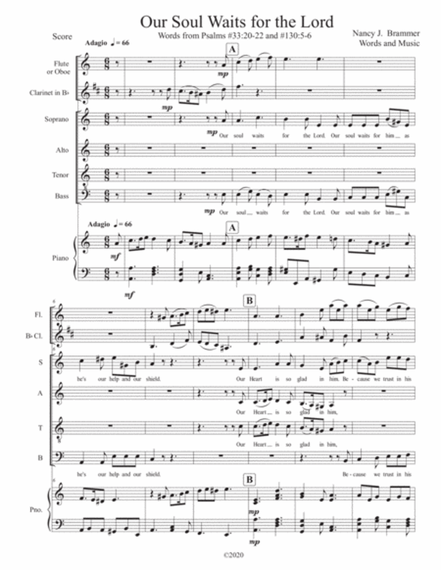Our Soul Waits for the Lord-Full SATB Score Plus Parts, Flute,Clarinet,Piano image number null