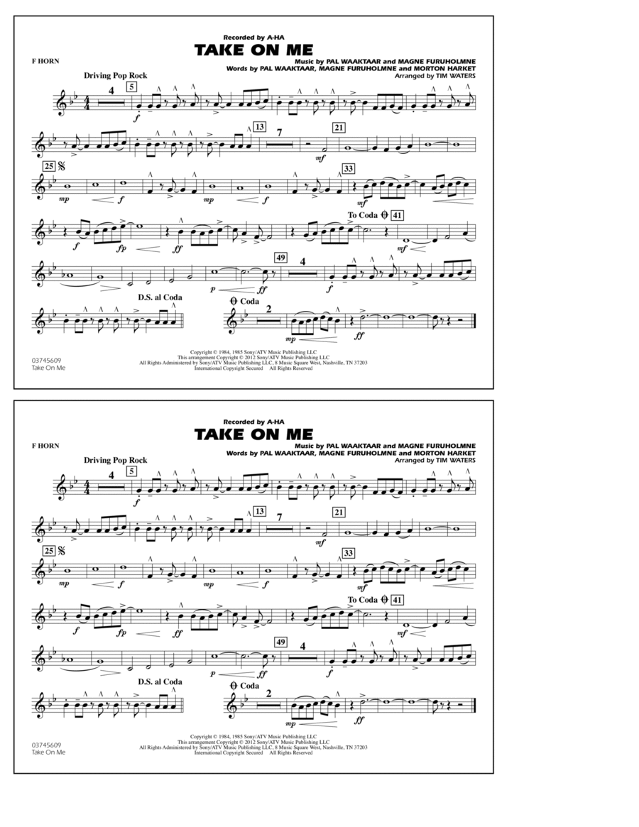 Take On Me - F Horn Marching Band scores gallery preview page 1