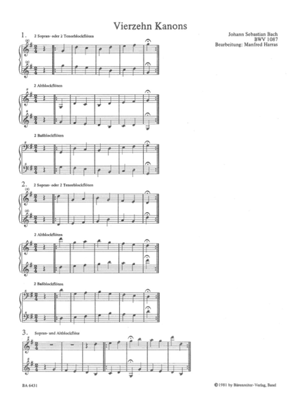 14 zwei- bis sechsstimmige Kanons ueber einen Bass der Aria aus den "Goldberg-Variationen" und zwei weiteren Kanons BWV 1087,1076,1077