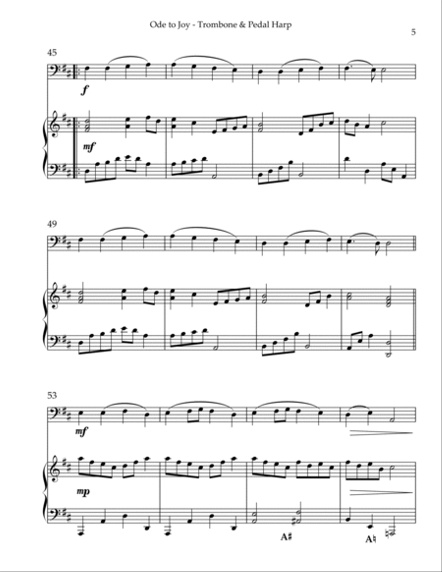 Ode to Joy, Duet for Trombone & Pedal Harp Trombone Duet scores gallery preview page 5