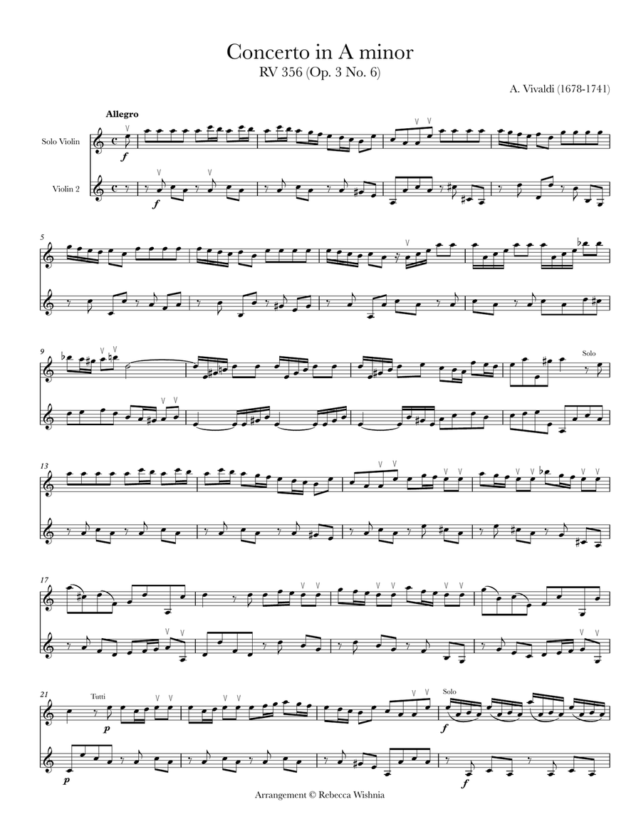 Concerto in A Minor, RV 356/Op. 3 No. 6 (arr. 2 violins) Violin Solo scores gallery preview page 1