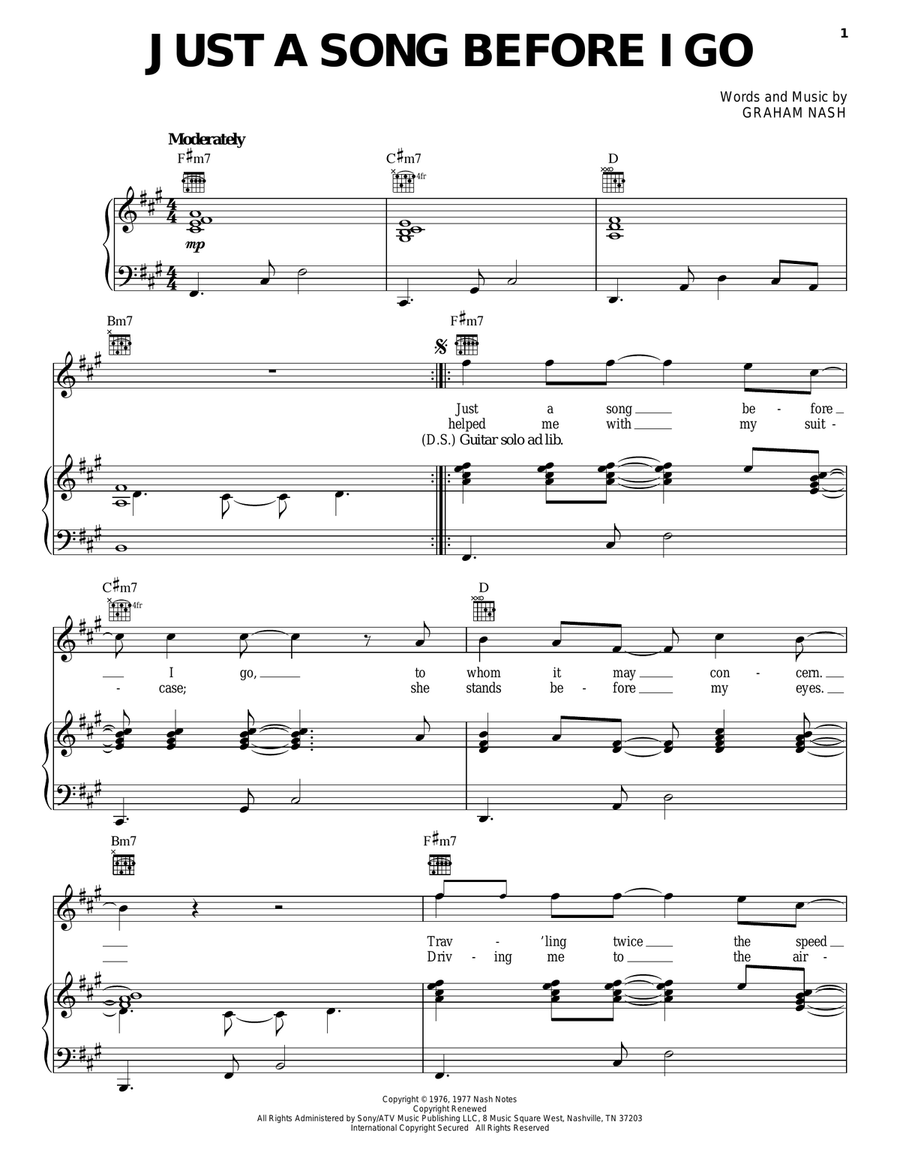 Just A Song Before I Go Piano, Vocal, Guitar scores gallery preview page 1