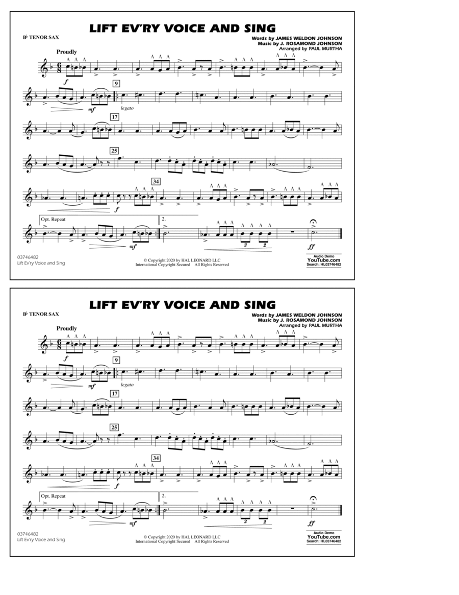 Lift Ev'ry Voice and Sing (arr. Paul Murtha) - Bb Tenor Sax