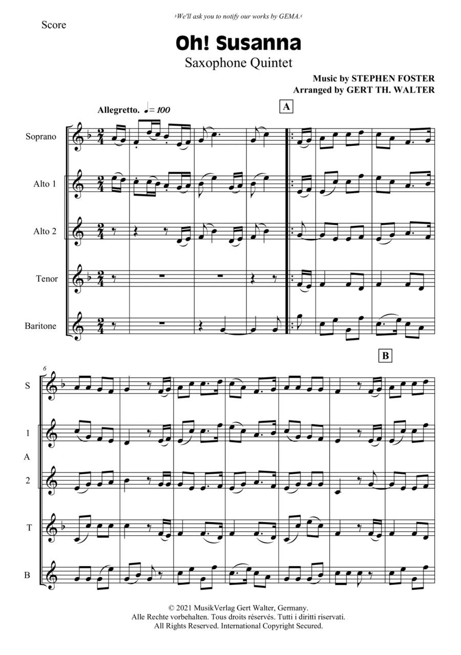 Oh! Susanna Oh! Susanna Woodwind Quartet scores gallery preview page 1