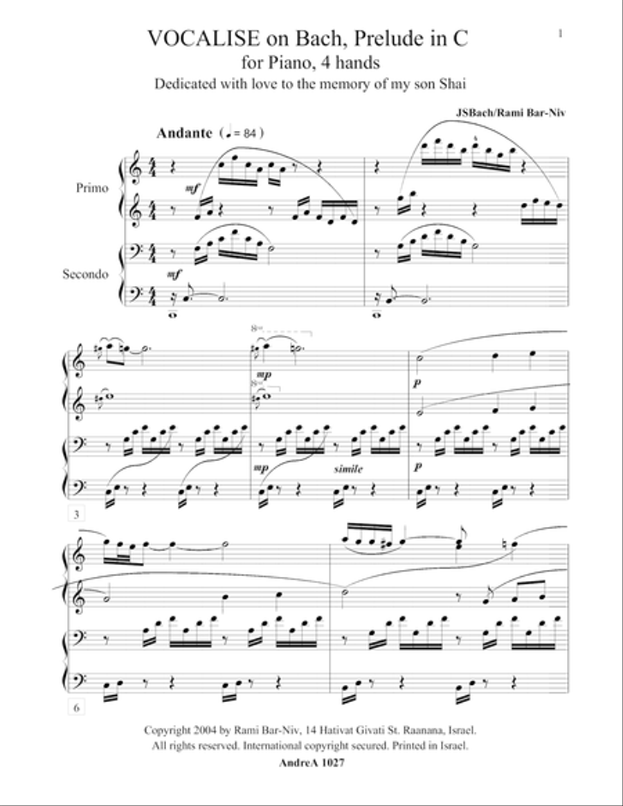 Vocalise Duet on Bach, Prelude in C Piano scores gallery preview page 1