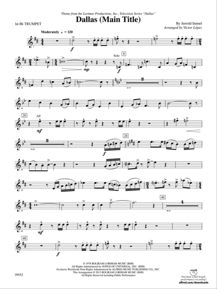 Dallas (Main Title): 1st B-flat Trumpet Concert Band scores gallery preview page 1