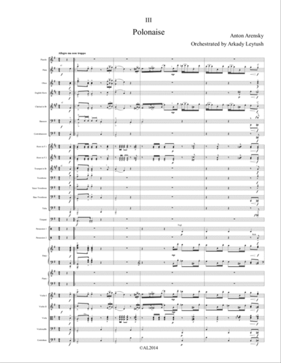 A. Arensky - Suite #1 in F major, op. 15, #3. Polonaise, Orchestrated by A. Leytush Full Orchestra scores gallery preview page 1