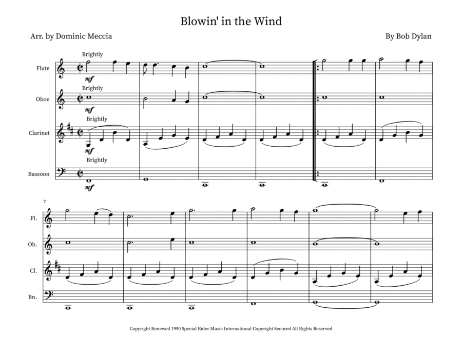 Blowin' In The Wind Woodwind Quartet scores gallery preview page 1