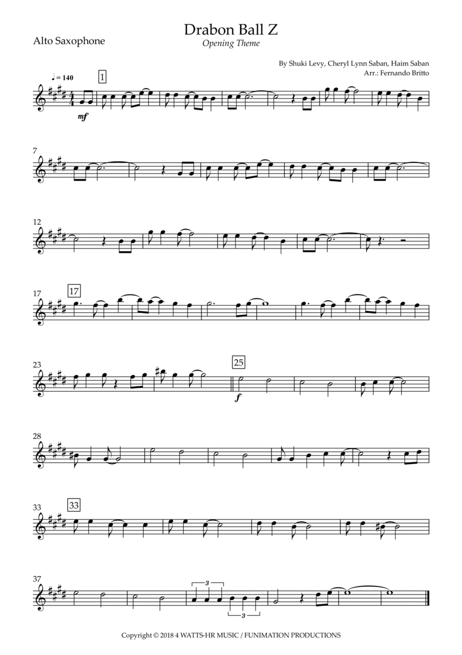 Dragon Ball Z Opening Theme Alto Saxophone scores gallery preview page 1