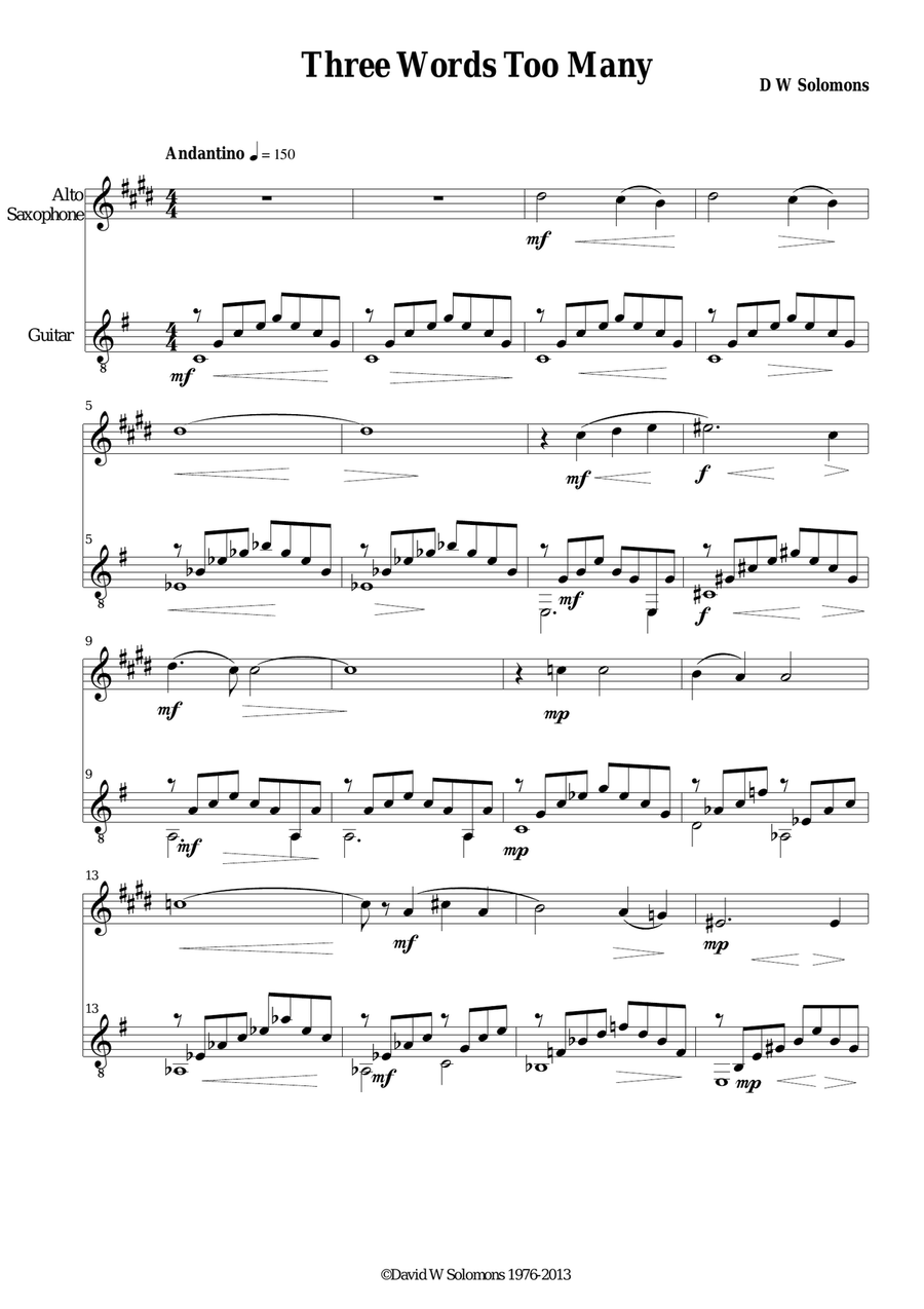 Three words too many for alto saxophone and guitar Alto Saxophone scores gallery preview page 1