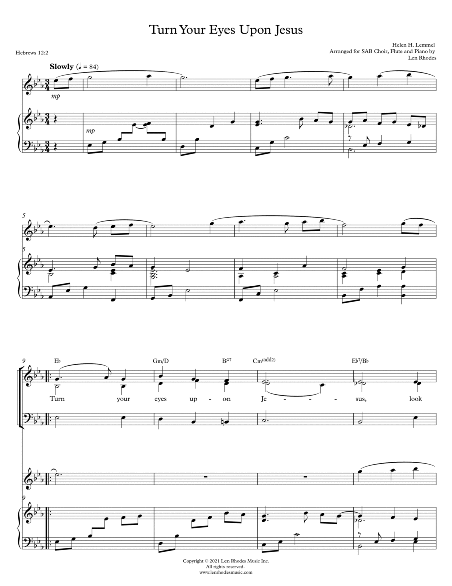 Turn Your Eyes Upon Jesus - arranged for SAB Choir, Flute and Piano 3-Part scores gallery preview page 1