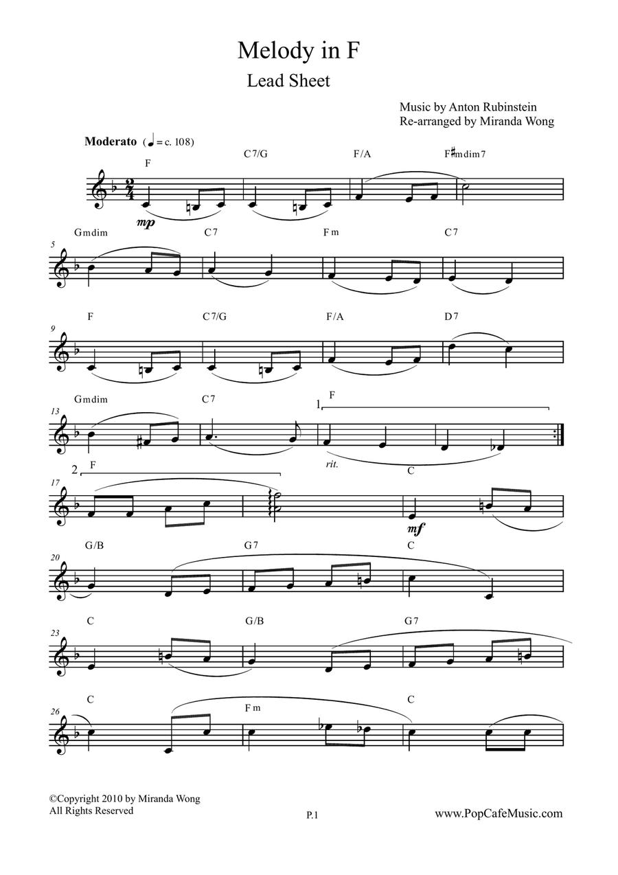 Melody in F by Rubinstein - Lead Sheet Small Ensemble scores gallery preview page 2