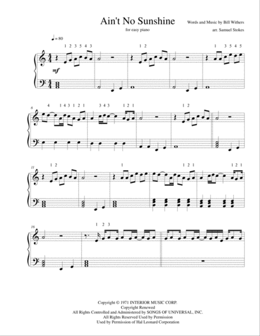Ain't No Sunshine Easy Piano scores gallery preview page 1