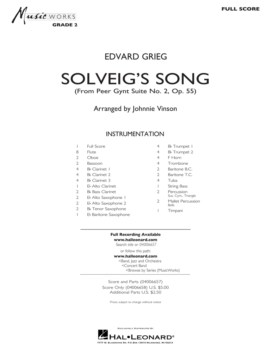 Solveig's Song (from Peer Gynt Suite No. 2) (arr. Johnny Vinson) - Full Score Concert Band scores gallery preview page 1
