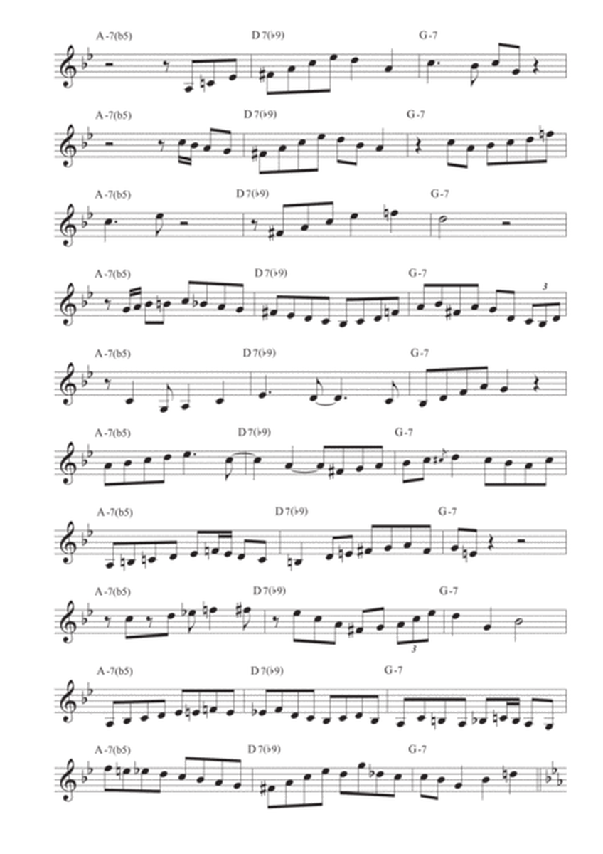 10 easy minor II-V-I licks Chet Baker in 12 keys - Treble clef