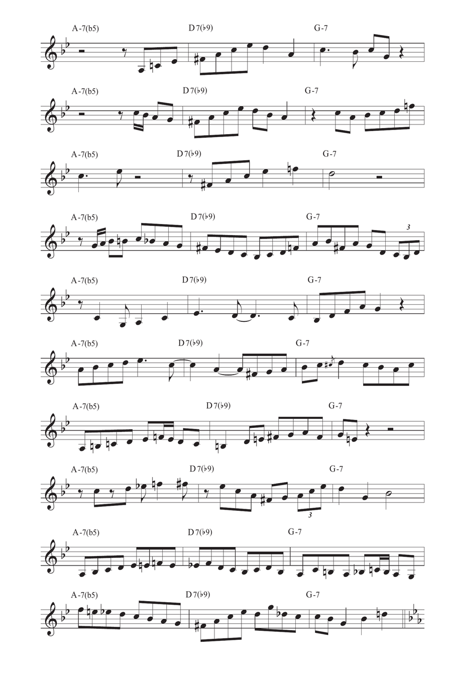 Jazz trumpet 10 easy minor II-V-I licks Chet Baker in 12 keys - Treble clef B-Flat Trumpet scores gallery preview page 5